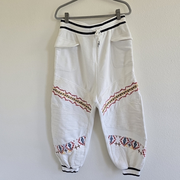Free People Crystal Sport Joggers Embroidered Ribbed Waist Ivory Red Gold Large - Picture 3 of 16